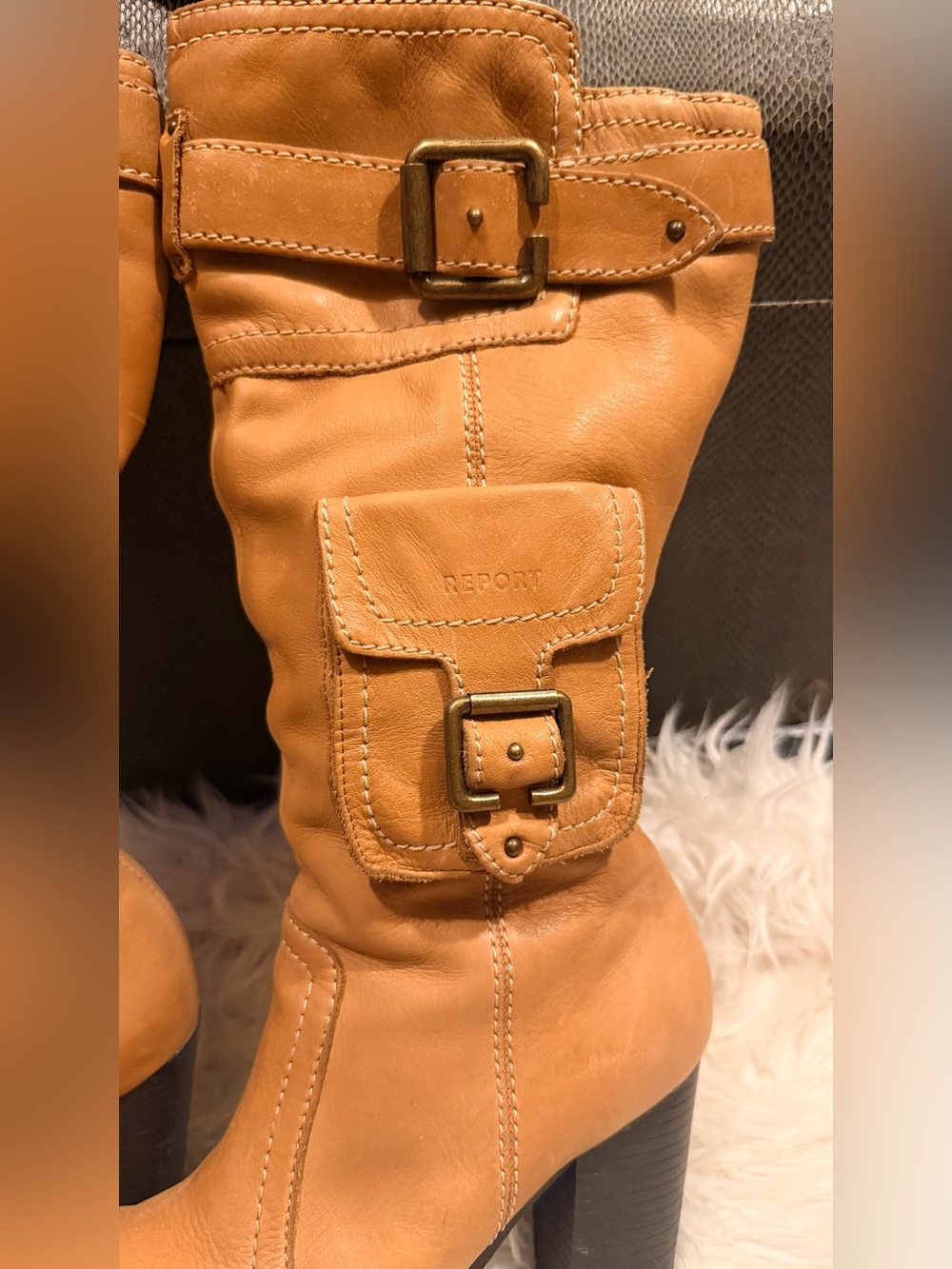 Report Tan Leather Mid-Calf Buckle Pocket Heel Boots